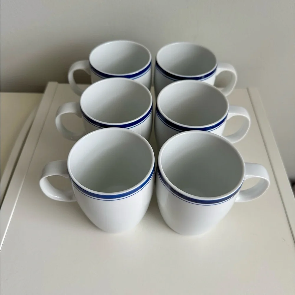 6 Brasserie by Crate & Barrel Porcelain Mugs White, Dark Blue Band, Pinstripe